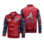 Red Navy Atlanta Braves Bomber Leather Jacket