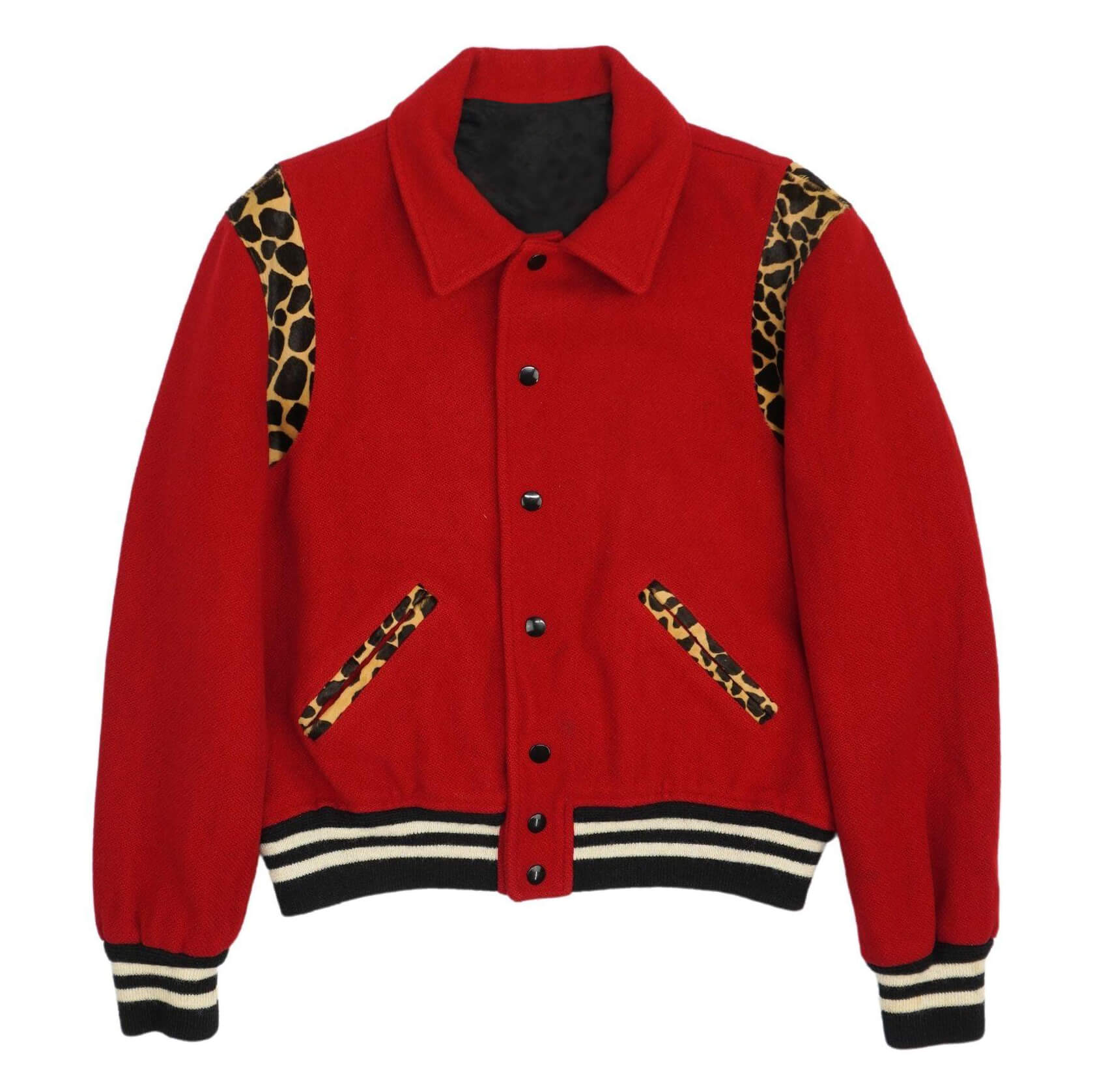 Saint-Laurent-Red-Cheetah-Pony-Hair-Varsity-Teddy-Jacket-1 Saint Laurent Red Cheetah Pony Hair Varsity Teddy Jacket front view showing red wool body, shirt-style collar, cheetah print underarms, and snap-button closure.