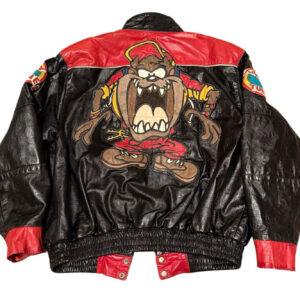 Back view of Vintage Looney Tunes TAZ Cartoon Leather Jacket featuring large TAZ cartoon patch and Looney Tunes logos on both arms.