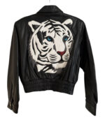 Vintage Michael Hoban Tiger Leather Jacket black leather design with large tiger patch on back and elastic waistband