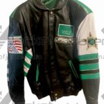 Vintage Saudi Arabia World Cup ’26 black leather jacket with Saudi flag patch and snap closure.