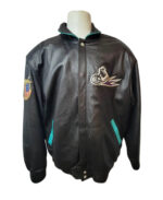 Front view of Vtg Daytona 1996 Jeff Hamilton Bikers Ball Leather Jacket in black leather with biker patch and snap button closure.