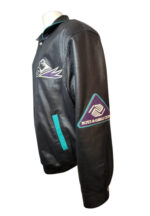 Left side view of Vtg Daytona 1996 Jeff Hamilton Bikers Ball Leather Jacket featuring BOYS & GIRLS CLUBS patch on sleeve.