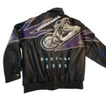 Back view of Vtg Daytona 1996 Jeff Hamilton Bikers Ball Leather Jacket with BIKERS BALLS bike applique and DAYTONA 1996 lettering.
