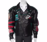 Vtg Jeff Hamilton Daytona 1998 Bikers Ball Leather Jacket front view – black leather biker jacket with Daytona 1998 patches, notch lapel collar, and asymmetrical zipper.