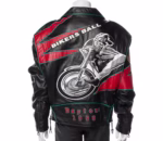 Vtg Jeff Hamilton Daytona 1998 Bikers Ball Leather Jacket back view – features large Bikers Ball bike applique with Daytona 1998 lettering and Jeff Hamilton design.