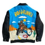 Retro Looney Tunes Road Runner leather jacket featuring large animated Road Runner graphic and bold spell-out design.