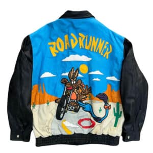 Retro Looney Tunes Road Runner leather jacket featuring large animated Road Runner graphic and bold spell-out design.