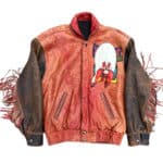 Yosemite Sam leather jacket front, distressed red-brown leather, chest patch, fringed sleeves, snap closure