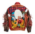 Yosemite Sam leather jacket back, YOSEMITE BEST AND WEST graphic, fringed sleeves, distressed red-brown leather