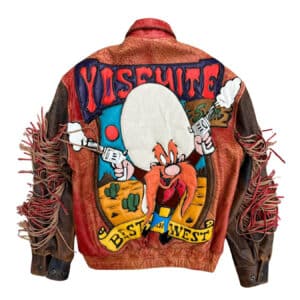 Yosemite Sam leather jacket back, YOSEMITE BEST AND WEST graphic, fringed sleeves, distressed red-brown leather
