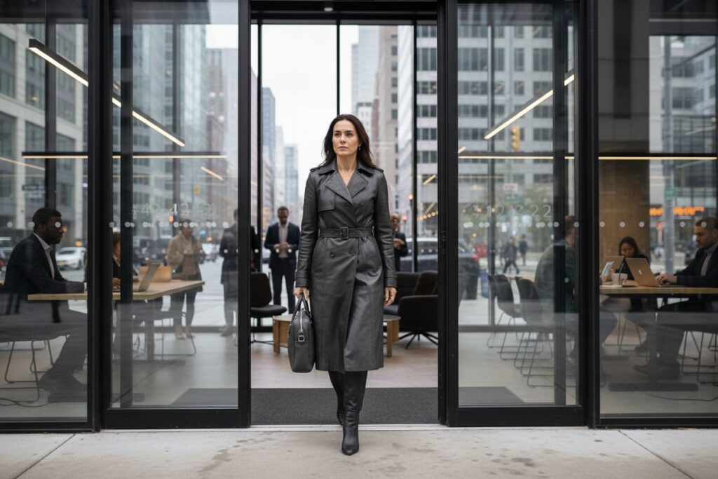 woman leather trench coat office