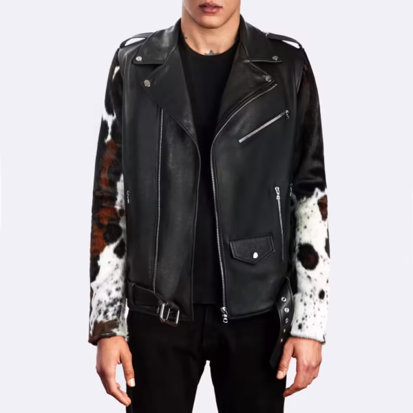 Front image of Black Biker Cowhide Hair On Leather Jacket showing asymmetrical zipper closure open, and three pocket.