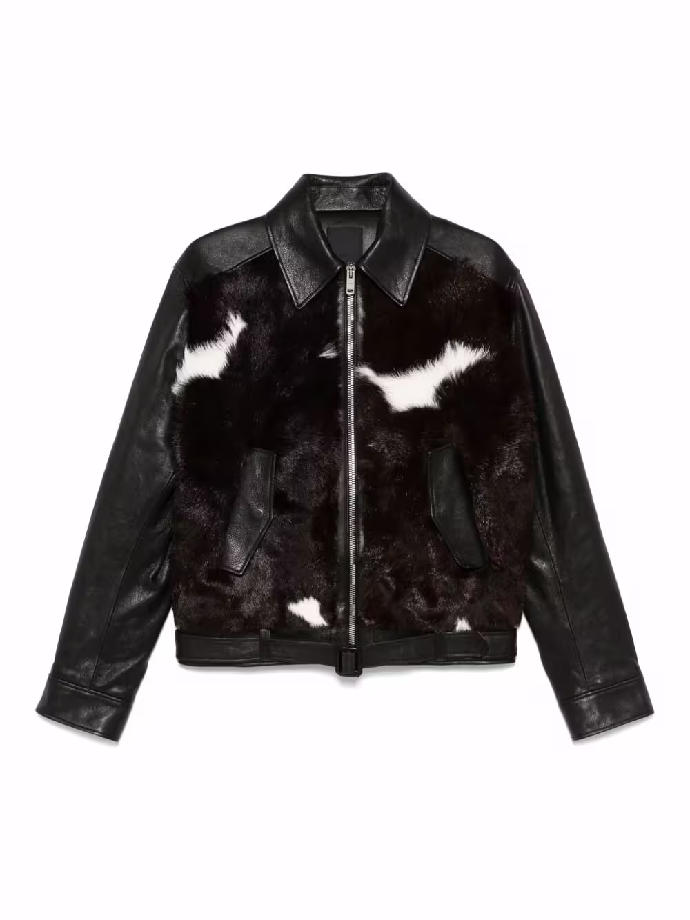 Black Cowhide Hair On Leather Bomber Jacket (1) Black Cowhide Hair On Leather Bomber Jacket