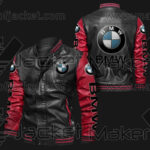 Black Red BMW Bomber Leather Jacket with bmw logos on chest, sleeves, and back, featuring rib-knit collar, cuffs, and hem.