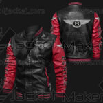 Black Red Bentley Bomber Leather Jacket with White bantley logos on chest, sleeves, and back, featuring rib-knit collar, cuffs, and hem.