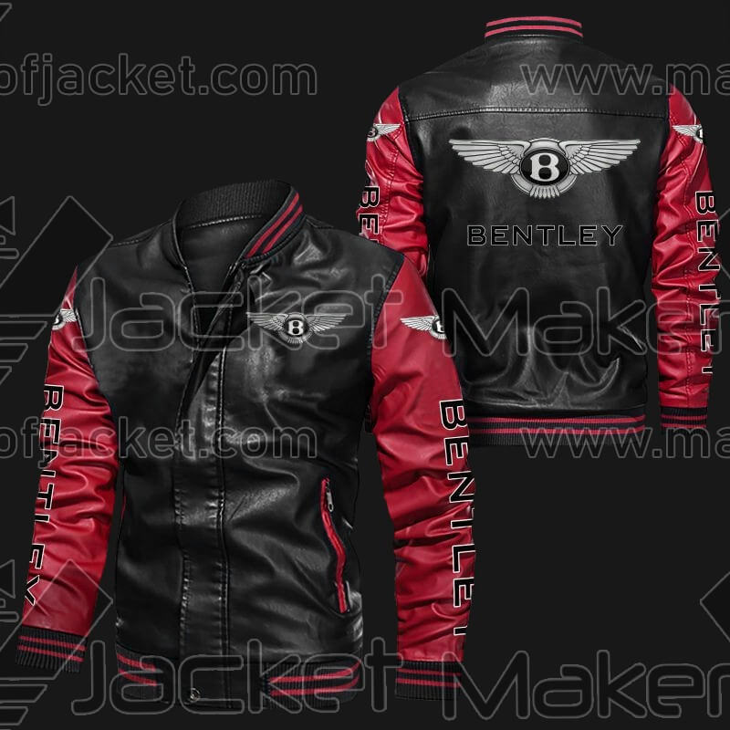 Black-Red-Bentley-Bomber-Leather-Jacket-1 Black Red Bentley Bomber Leather Jacket with White bantley logos on chest, sleeves, and back, featuring rib-knit collar, cuffs, and hem.