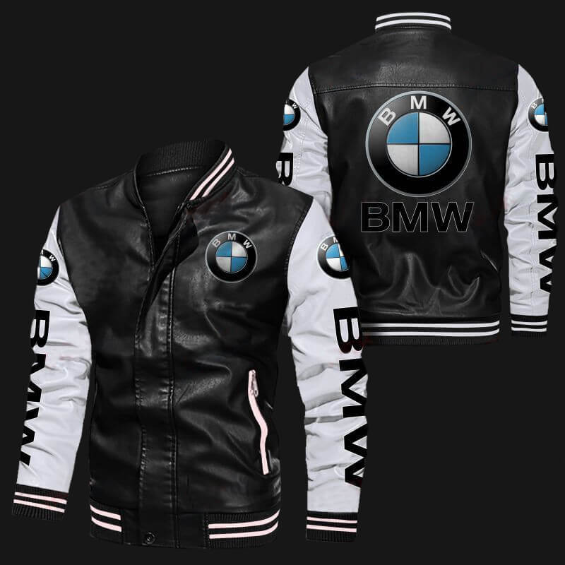 Black-White-BMW-Bomber-Leather-Jacket-1 Black White BMW Bomber Leather Jacket with bmw logos on chest, sleeves, and back, featuring rib-knit collar, cuffs, and hem.
