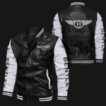 Black White Bentley Bomber Leather Jacket with White bantley logos on chest, sleeves, and back, featuring rib-knit collar, cuffs, and hem.