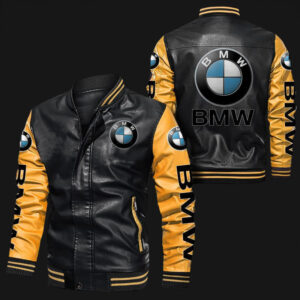 Black Yellow BMW Bomber Leather Jacket with bmw logos on chest, sleeves, and back, featuring rib-knit collar, cuffs, and hem.