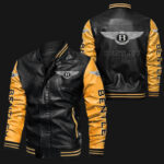 Black Yellow Bentley Bomber Leather Jacket with White bantley logos on chest, sleeves, and back, featuring rib-knit collar, cuffs, and hem.