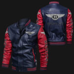Blue Red Bentley Bomber Leather Jacket with White bantley logos on chest, sleeves, and back, featuring rib-knit collar, cuffs, and hem.