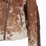 Brown White Cowhide Hair-On Fringe Leather Jacket