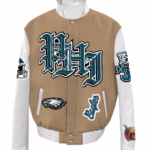 Camel Brown White Philadelphia Eagles Varsity Jacket (Front)