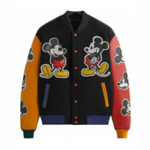 Disney Mickey & Friends Kith Varsity Jacket front view with wool body, leather sleeves, Mickey Mouse chest logo, and snap closure.
