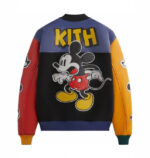 Disney Mickey & Friends Kith Varsity Jacket back view featuring KITH lettering and Mickey Mouse patch on multicolor varsity design.