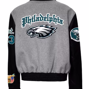 Grey Black Philadelphia Eagles Old English Varsity Jacket (Back)