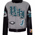 Grey Black Philadelphia Eagles Old English Varsity Jacket (Front)