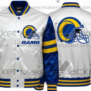 "Los Angeles Rams satin varsity jacket with blue sleeves and yellow stripes."