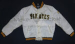 Pittsburgh Pirates White Satin Jacket front view with embroidered PIRATES spell on front