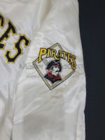 Pittsburgh Pirates White Satin Jacket Right Sleeve view with PIRATES Embroidery Logo