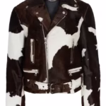 Real Cowhide Hair On Brown Leather Jacket Front