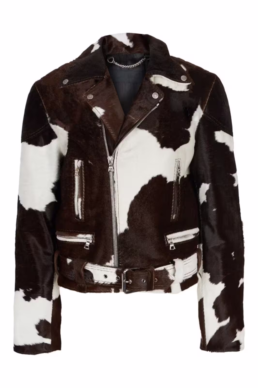 Real Cowhide Hair On Brown Leather Jacket Front Real Cowhide Hair On Brown Leather Jacket Front