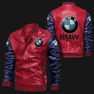 Red Blue BMW Bomber Leather Jacket with bmw logos on chest, sleeves, and back, featuring rib-knit collar, cuffs, and hem.