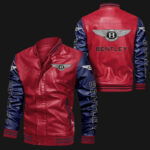 Red Blue Bentley Bomber Leather Jacket with White bantley logos on chest, sleeves, and back, featuring rib-knit collar, cuffs, and hem.