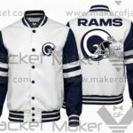 White navy Los Angeles Rams satin jacket with front helmet logo and back RAMS logo.