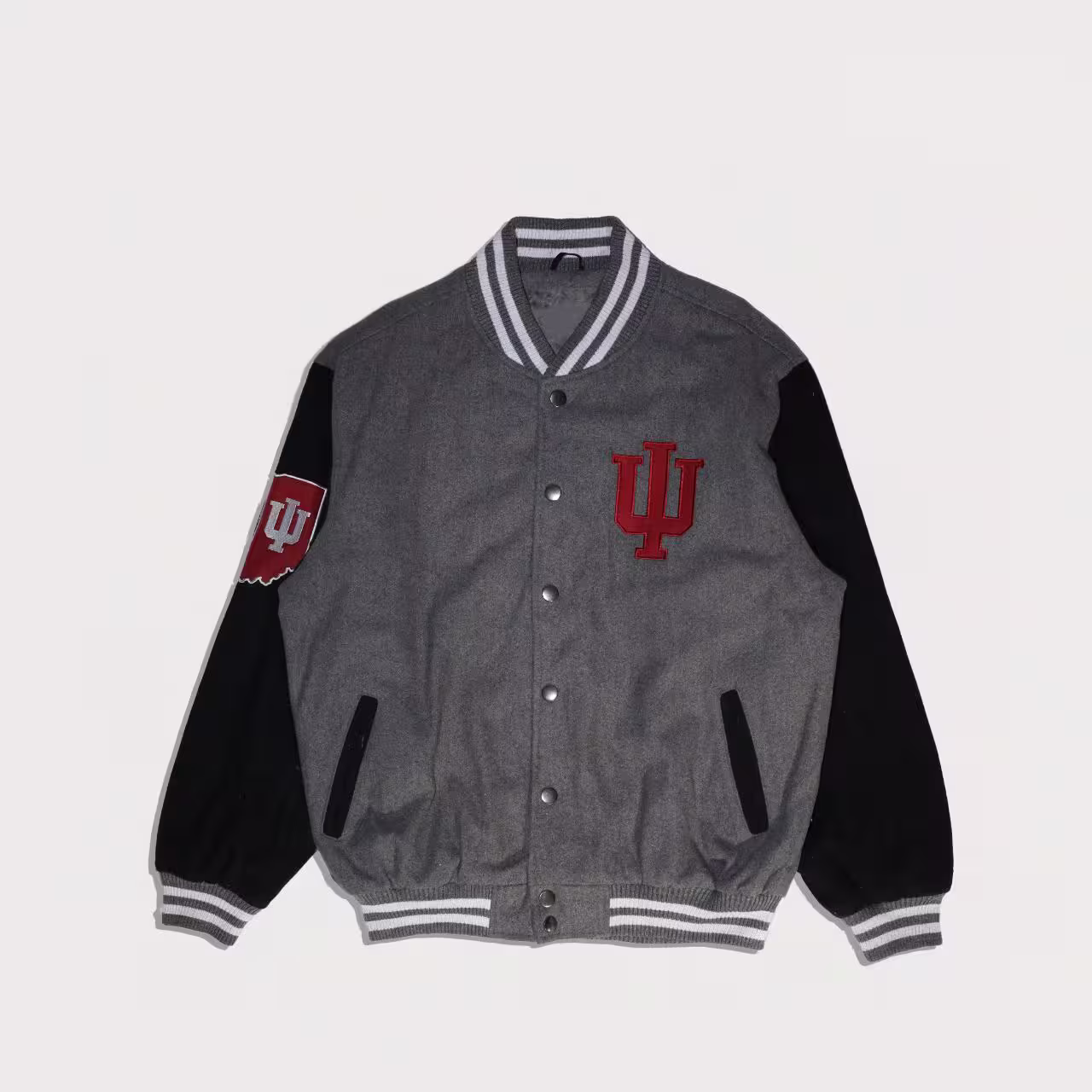 Indiana Hoosiers Gray Black Varsity Jacket Front Indiana Hoosiers Gray Black Varsity Jacket Front