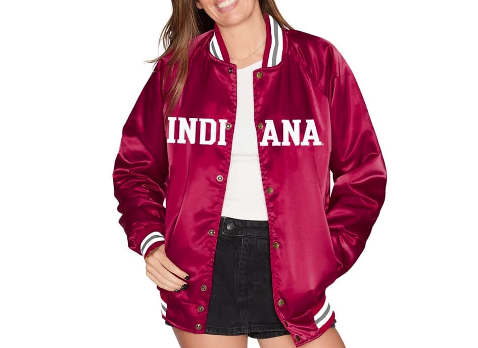 Indiana Hoosiers Satin Letterman Bomber Jacket (Front) Indiana Hoosiers Satin Letterman Bomber Jacket (Front)