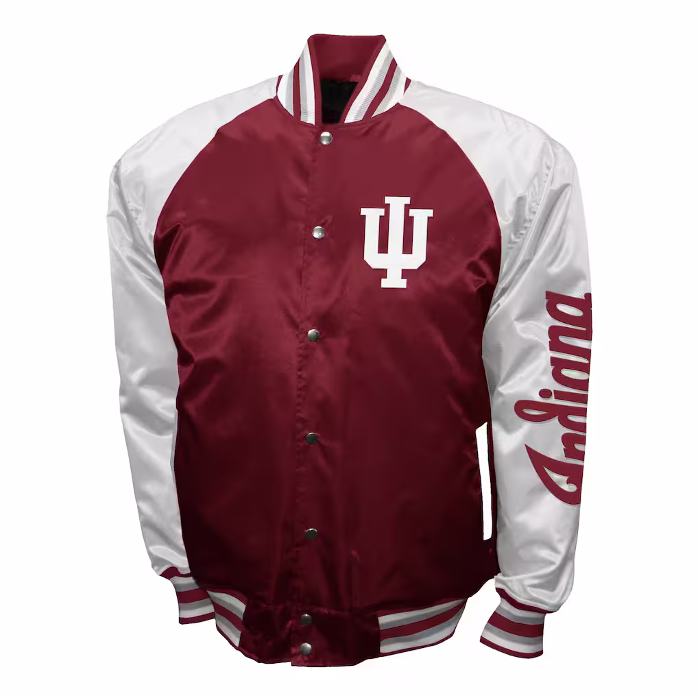 Indiana Hoosiers Snap Down Red Cream Satin Jacket (Front)-2 Indiana Hoosiers Franchise Club The Game Full Snap Satin Jacket - Image 1