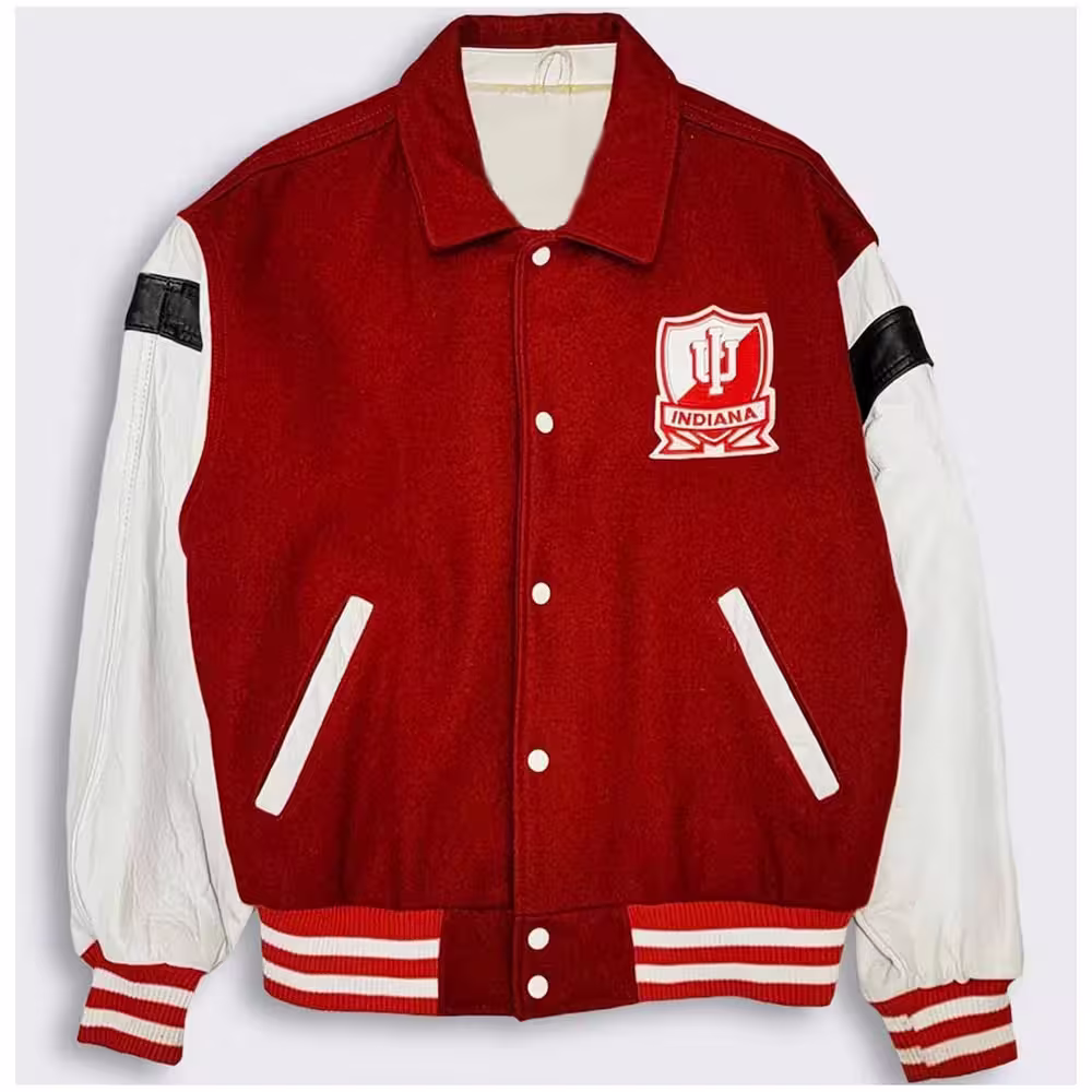 Vintage 80's Indiana Hoosiers Red White Varsity Jacket (Front) Vintage 80's Indiana Hoosiers Red White Varsity Jacket (Front)