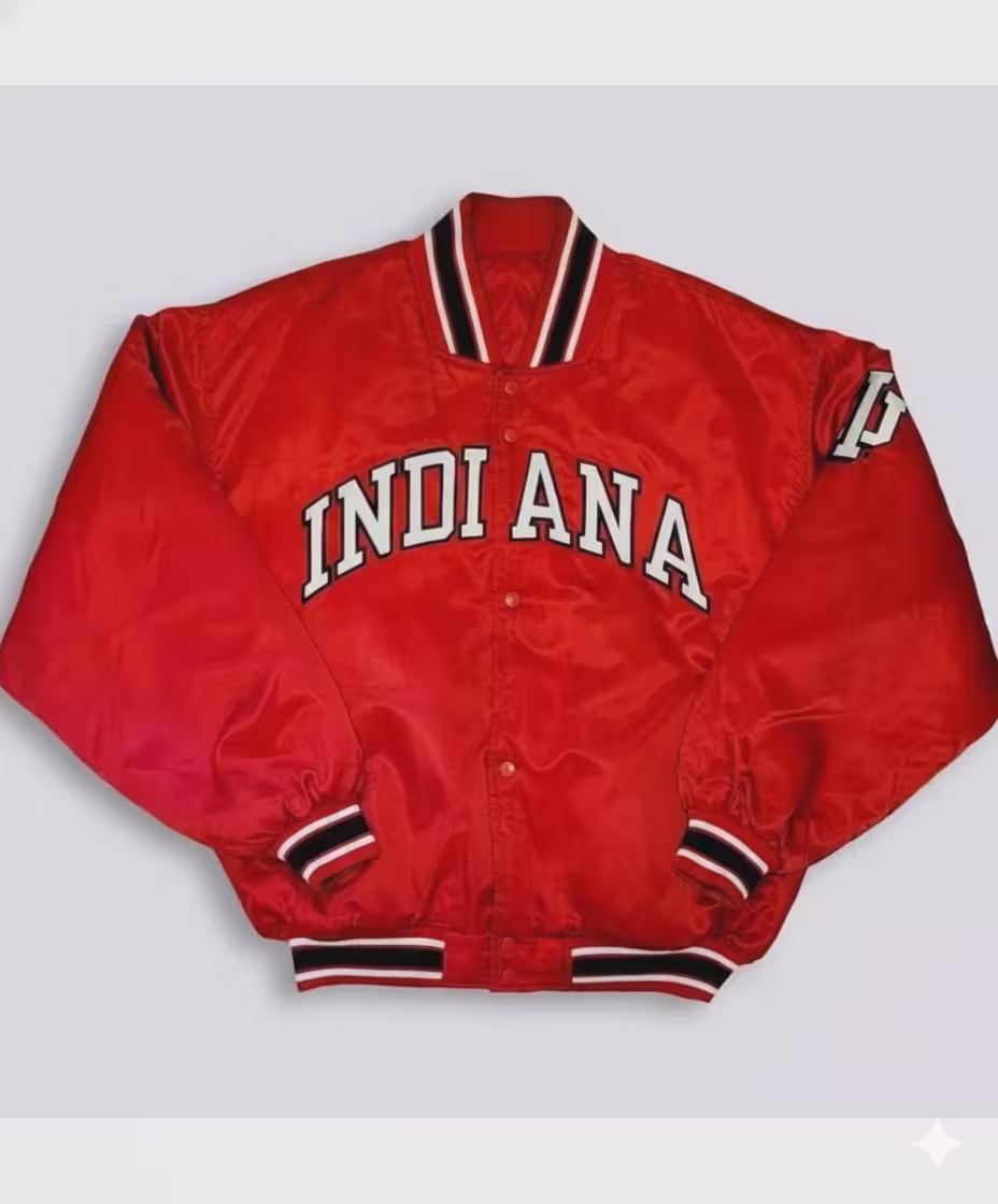 Vintage 90s Indiana Hoosiers Red Satin Bomber Jacket (Front) Vintage 90s Indiana Hoosiers Red Satin Bomber Jacket (Front)