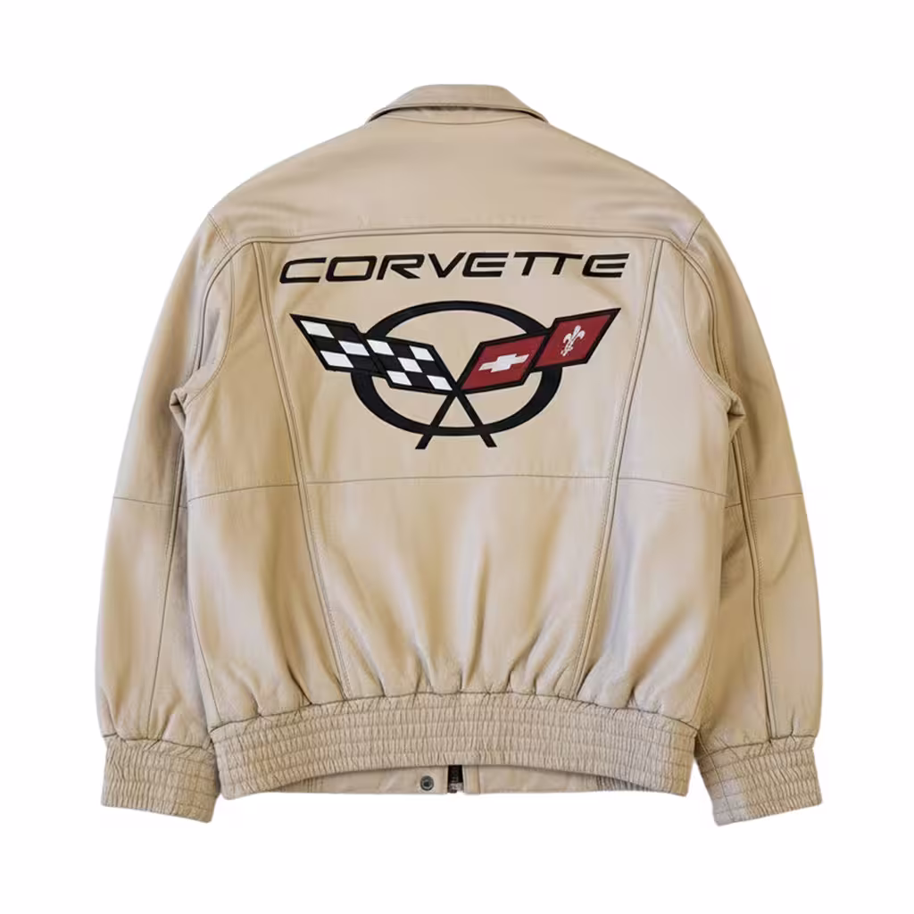 Vintage Beige Corvette C5 Racing Leather Jacket Back Vintage Beige Corvette C5 Racing Leather Jacket Back