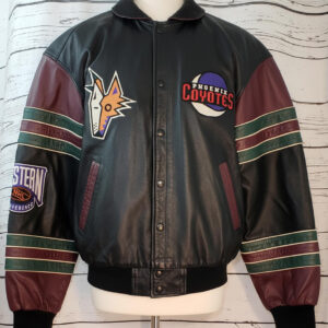 Vintage Phoenix Coyotes Jeff Hamilton leather jacket front view with multicolor design and chest logos