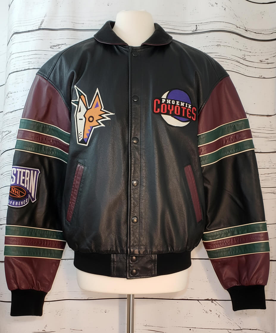 Vintage-Phoenix-Coyotes-Jeff-Hamilton-Leather-Jacket-1 Vintage Phoenix Coyotes Jeff Hamilton leather jacket front view with multicolor design and chest logos