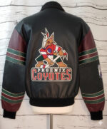 Vintage Phoenix Coyotes Jeff Hamilton leather jacket back view featuring Phoenix Coyotes spell logo