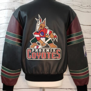 Vintage Phoenix Coyotes Jeff Hamilton leather jacket back view featuring Phoenix Coyotes spell logo